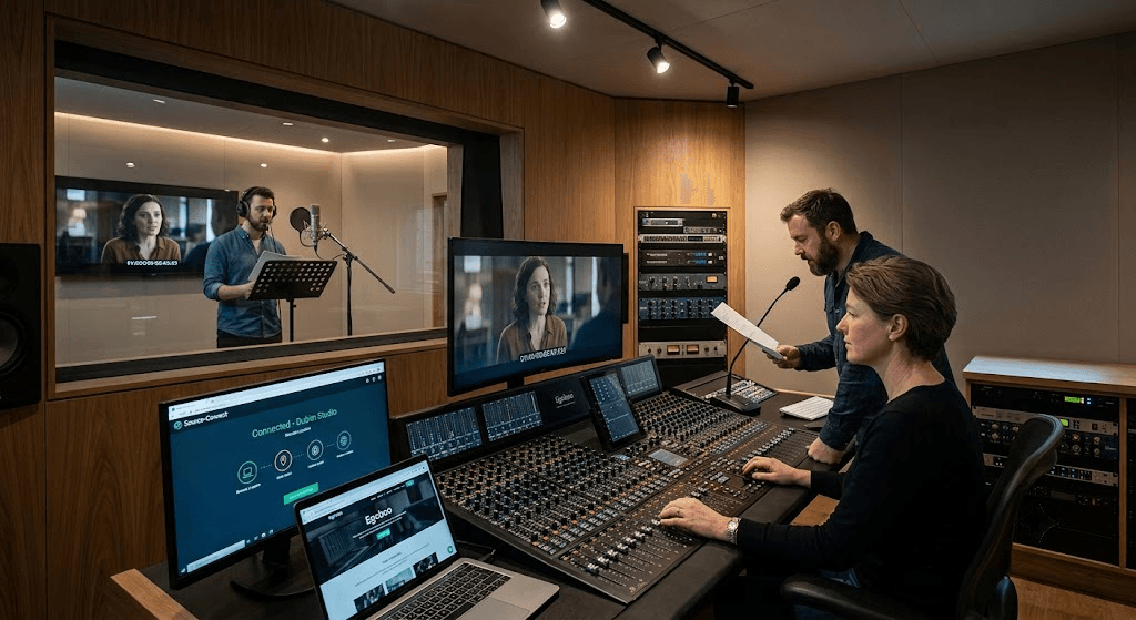 Acoustically treated ADR recording booth at Egoboo studio in Dublin Ireland